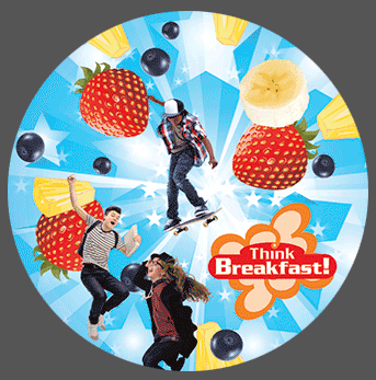 Eat Breakfast! circular lenticular showing three happy kids floating in air and surrounded by a large strawberry, blueberry, pineapple slice and banana slice, appearing to be in 3D